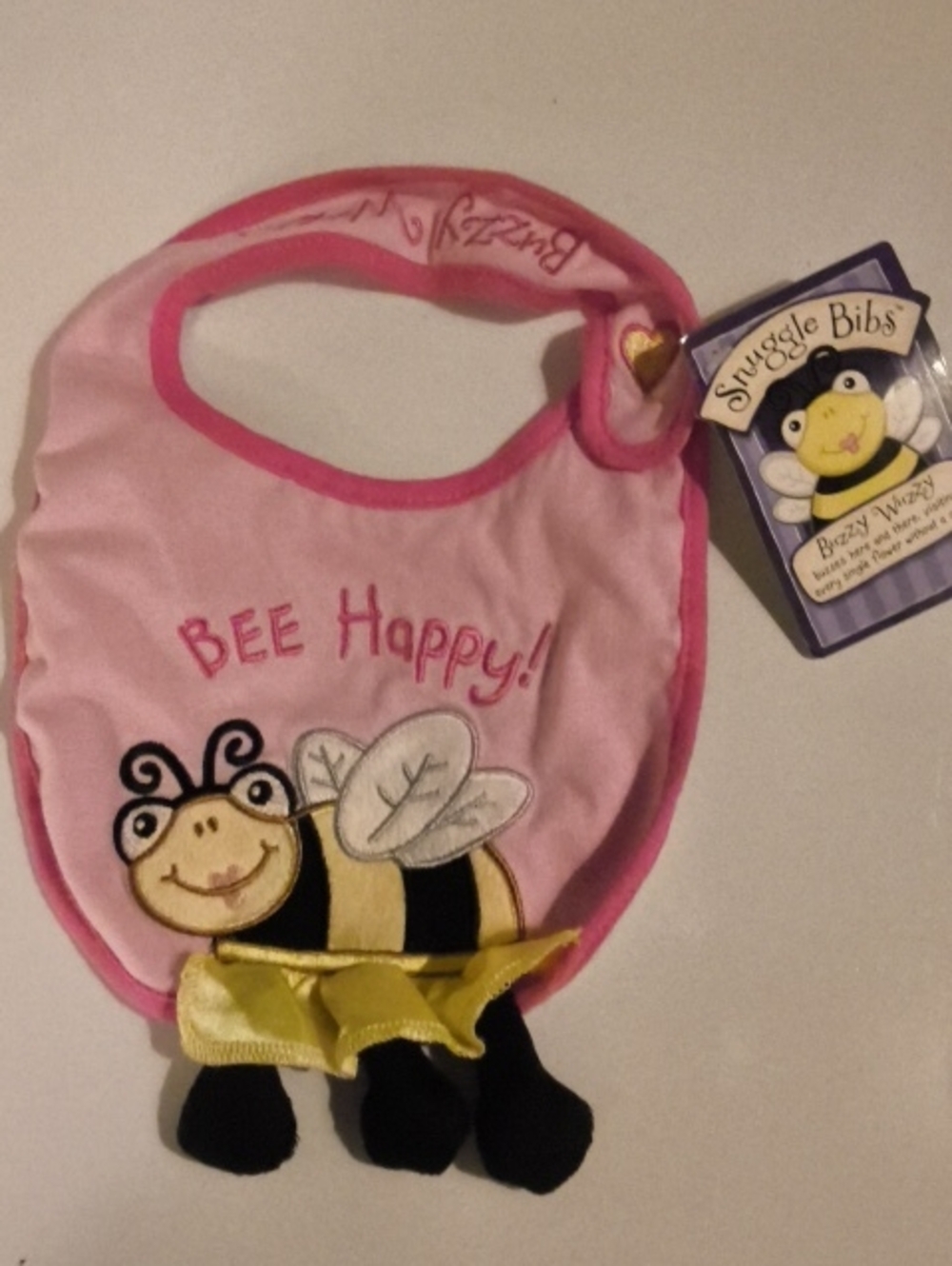 "Bee Happy" Pink Baby Bib with Bee Applique